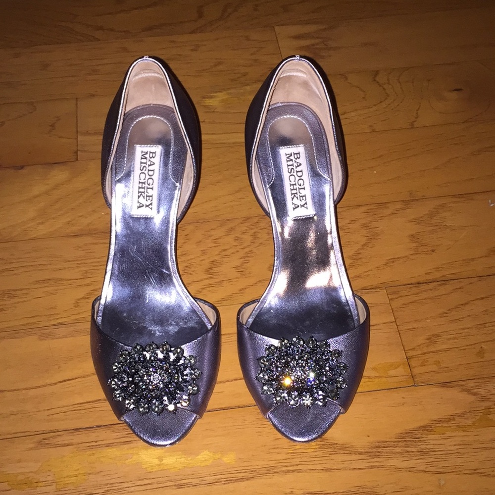Badgley Mischka jeweled stilettos in pewter